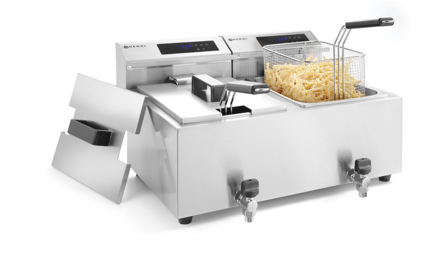 Frytownica z panelem cyfrowym z kranem spustowym 2×8 l, HENDI, Profi Line, 16L, 230V/7000W, 605x515x(H)350mm - obrazek 3