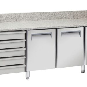 Stół chłodniczy do pizzy 2-drzwiowy z 5 szufladami i blatem granitowym, Arktic, 362L, srebrny, 230V/210W, 2025x800x(H)1040mm