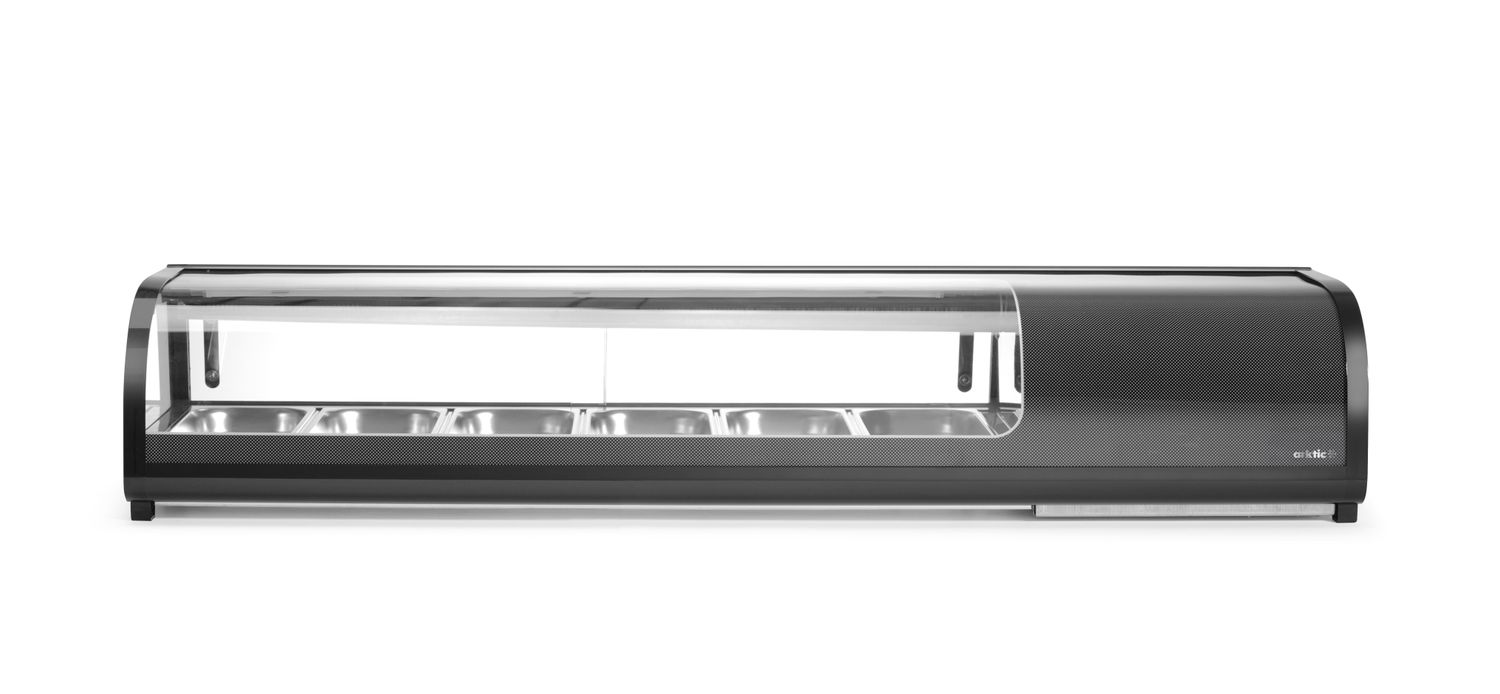 Witryna chłodnicza do sushi, Arktic, W zestawie pojemniki: 6x GN 1/3 (H) 40 mm., GN 1/3, czarny, 230V/190W, 1529x426x(H)296mm