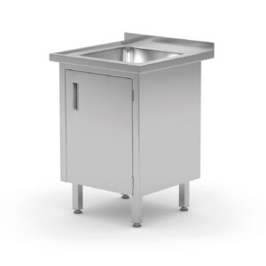 Stół ze zlewem, szafka – spawany, z drzwiami na zawiasach, HENDI, Profi Line, 500x700x850 mm, 500x700x(H)850mm