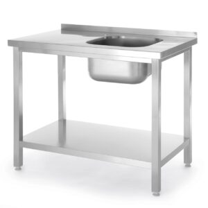 Stół ze zlewem i półką – skręcany, HENDI, Kitchen Line, zlew po prawej stronie, 1000x600x(H)850mm