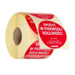Etykiety Food Safety, wielokrotnego użytku – „SPOŻYĆ W PIERWSZEJ KOLEJNOŚCI", HENDI, czerwony, 500 szt., ⌀50mm