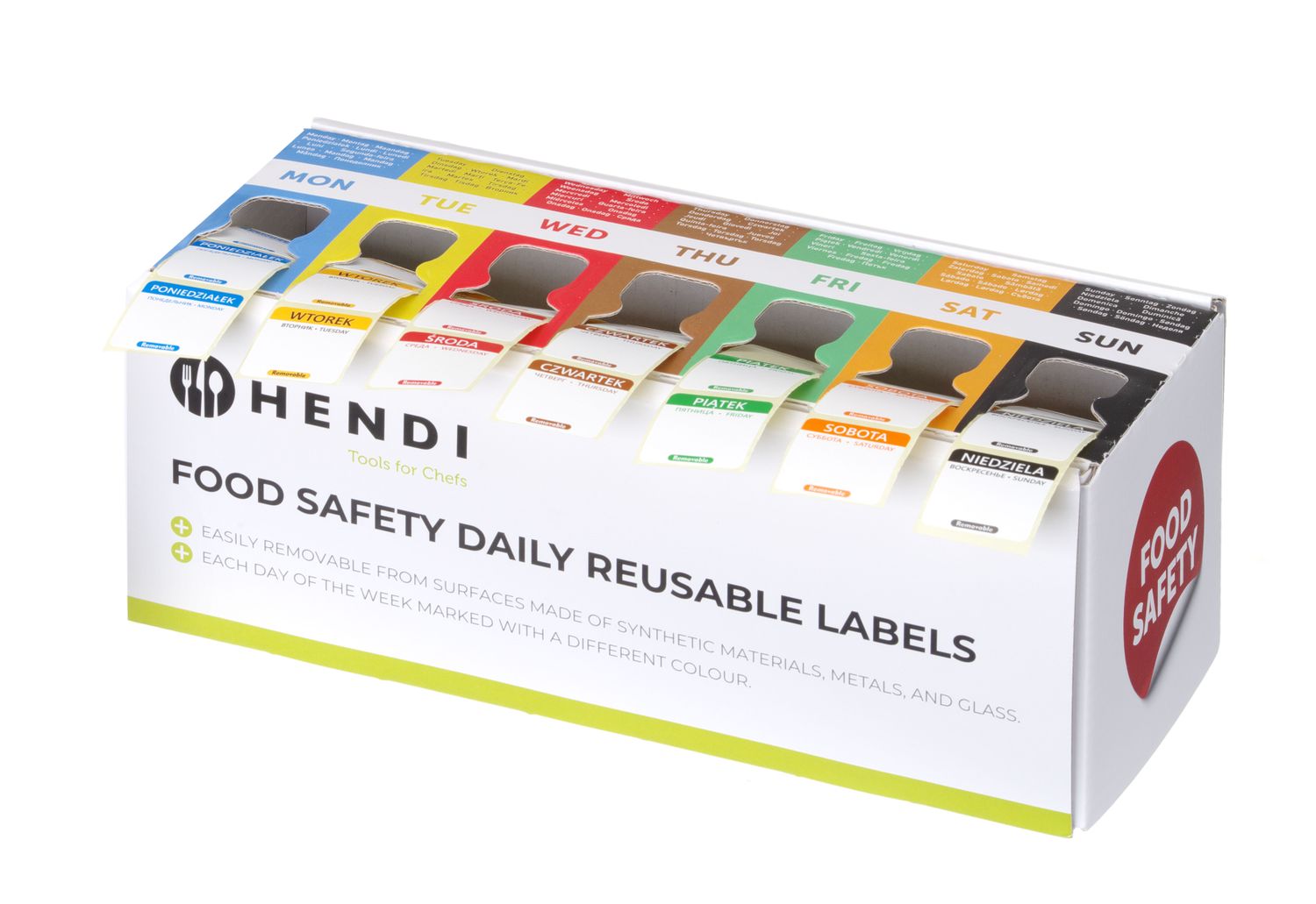 Zestaw etykiet wielorazowych Food Safety na każdy dzień tygodnia z podajnikiem, HENDI, 240x80x(H)100mm - obrazek 2