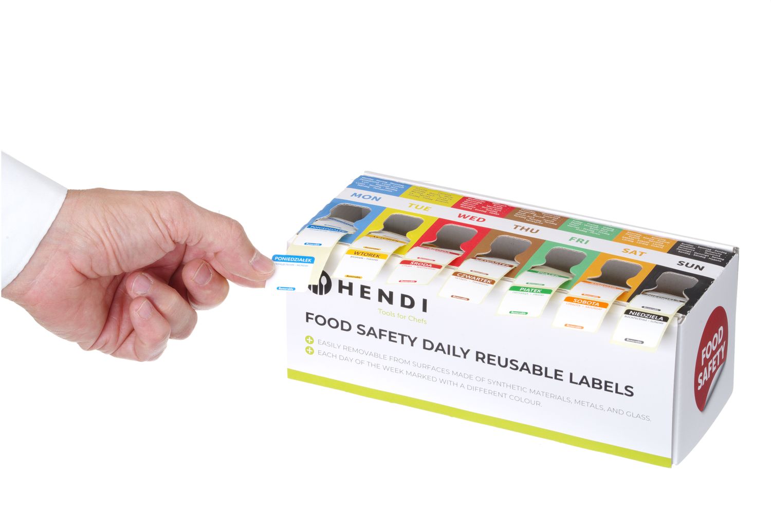 Zestaw etykiet wielorazowych Food Safety na każdy dzień tygodnia z podajnikiem, HENDI, 240x80x(H)100mm - obrazek 3