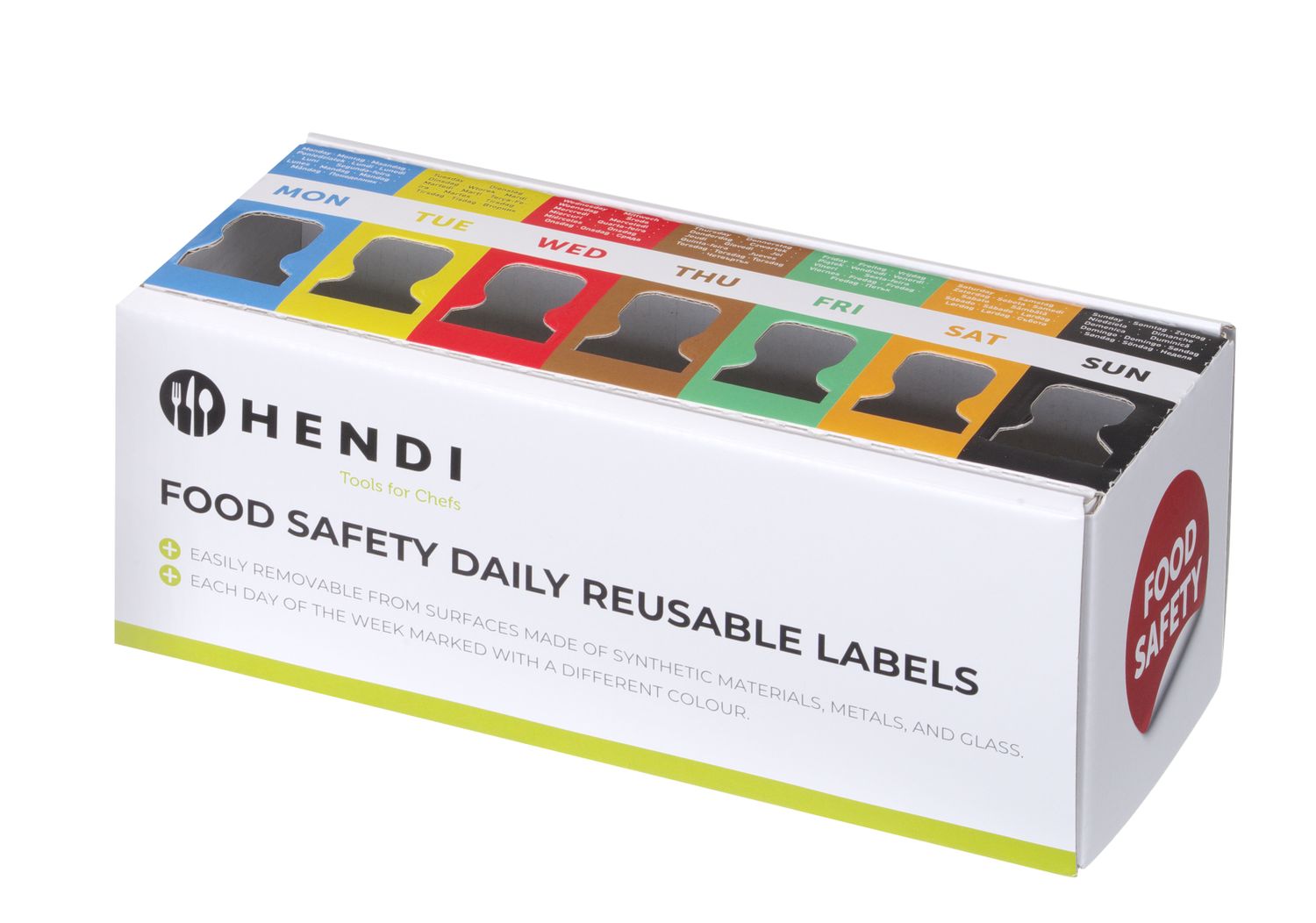 Zestaw etykiet wielorazowych Food Safety na każdy dzień tygodnia z podajnikiem, HENDI, 240x80x(H)100mm