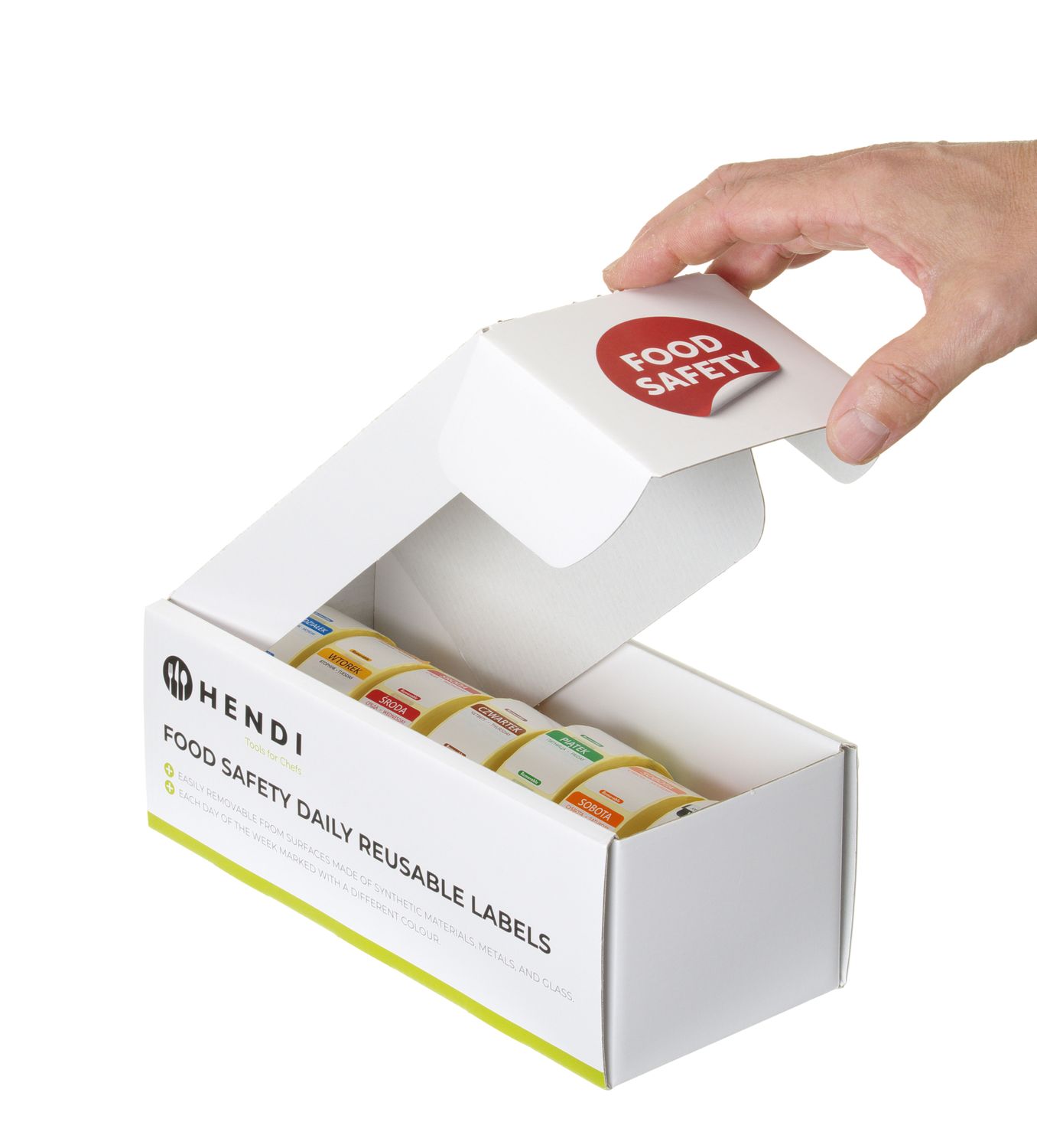 Zestaw etykiet wielorazowych Food Safety na każdy dzień tygodnia z podajnikiem, HENDI, 240x80x(H)100mm - obrazek 4
